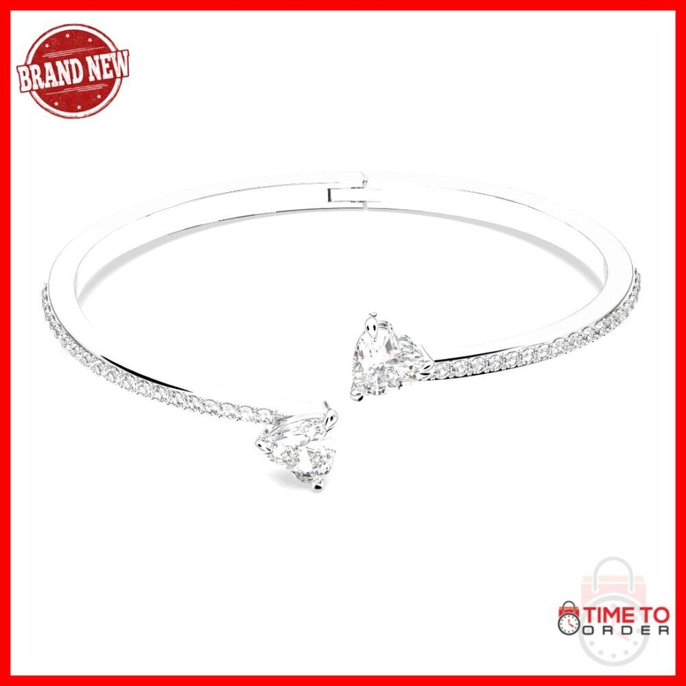 Heart Crystal Bangle Bracelet Rhodium Finish Elegant Minimal Chic Accessory